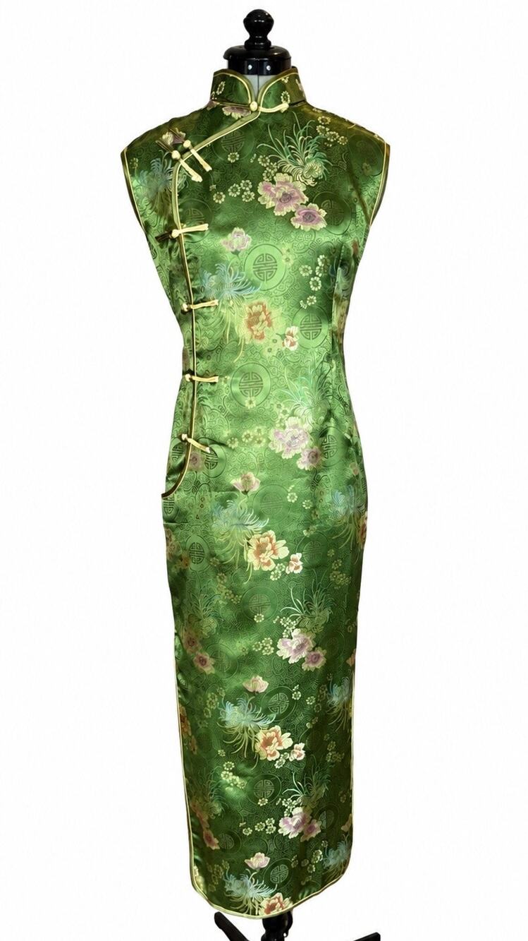 Authentic Japanese Designer Green Brocade Cheongsam Qipao Maxi Dress